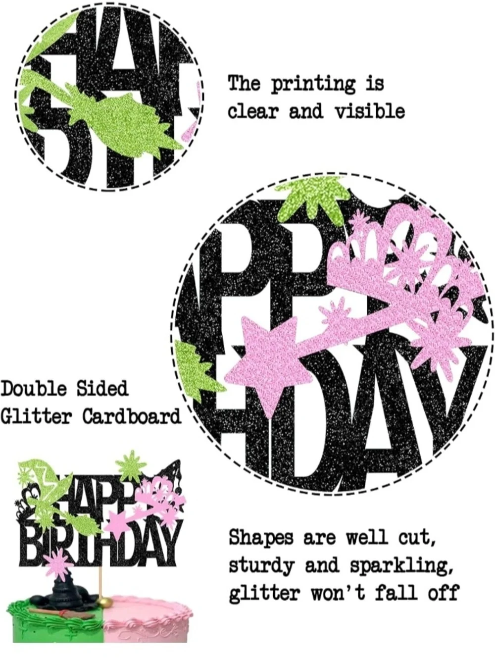 Glitter Wicked Inspired Happy Birthday Cake Topper Picks - Pink & Green